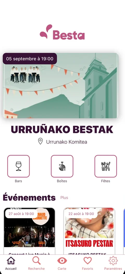 Accueil de l'app Besta : événement à la une et catégories bars, boîtes et fêtes