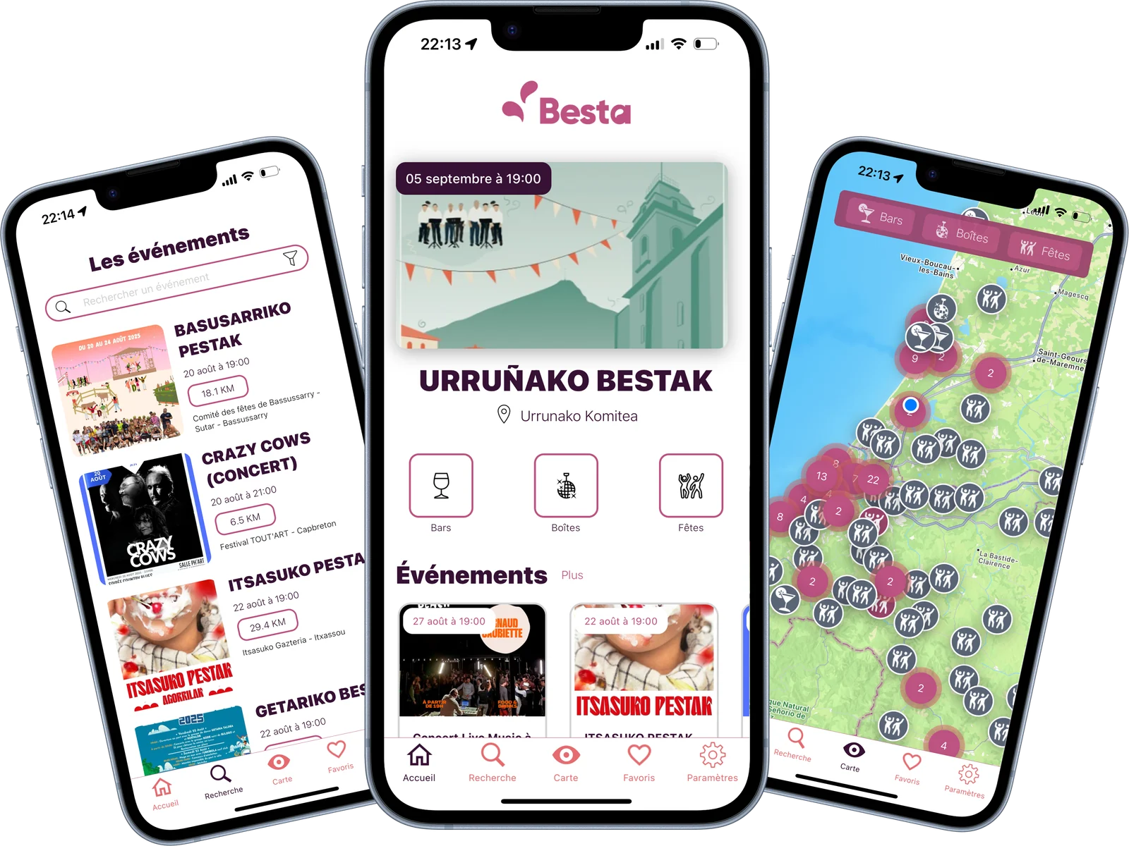 Trois écrans de l'app Besta : liste des événements, accueil et carte