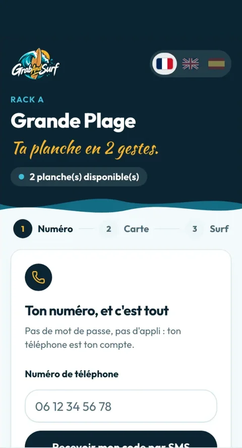 Parcours client de Grab&Surf sur téléphone : rack A, Grande Plage