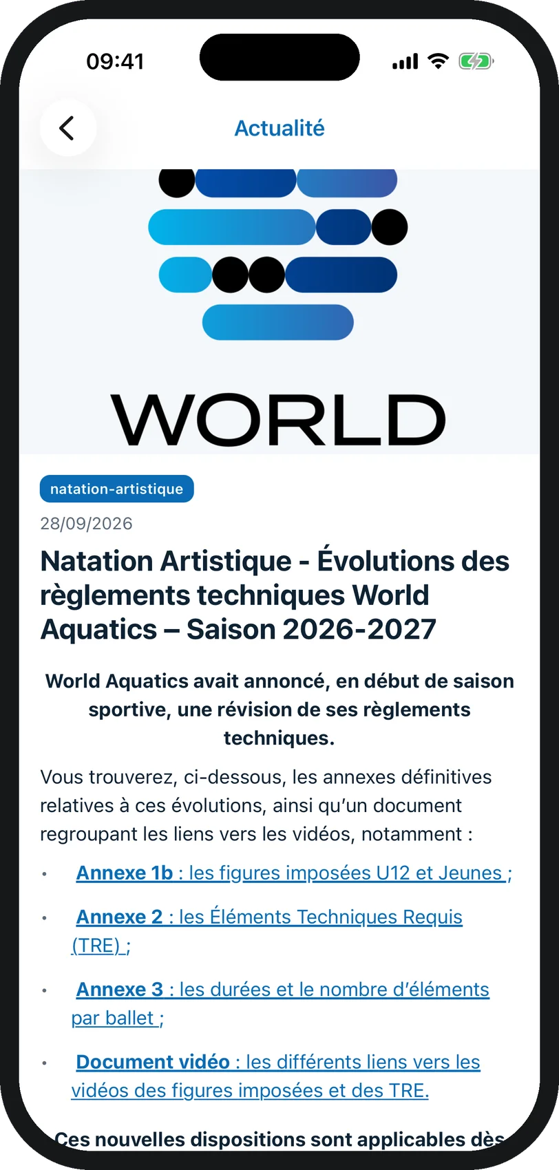 Une actualité de natation artistique affichée en natif dans l'app, avec ses liens vers les annexes