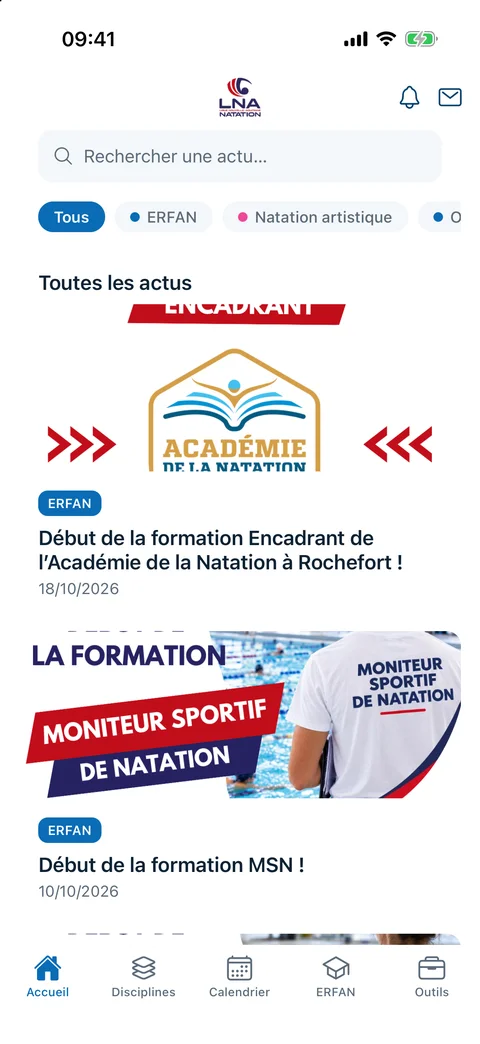 Fil des actualités de l'app LNA Natation, avec filtres par thème