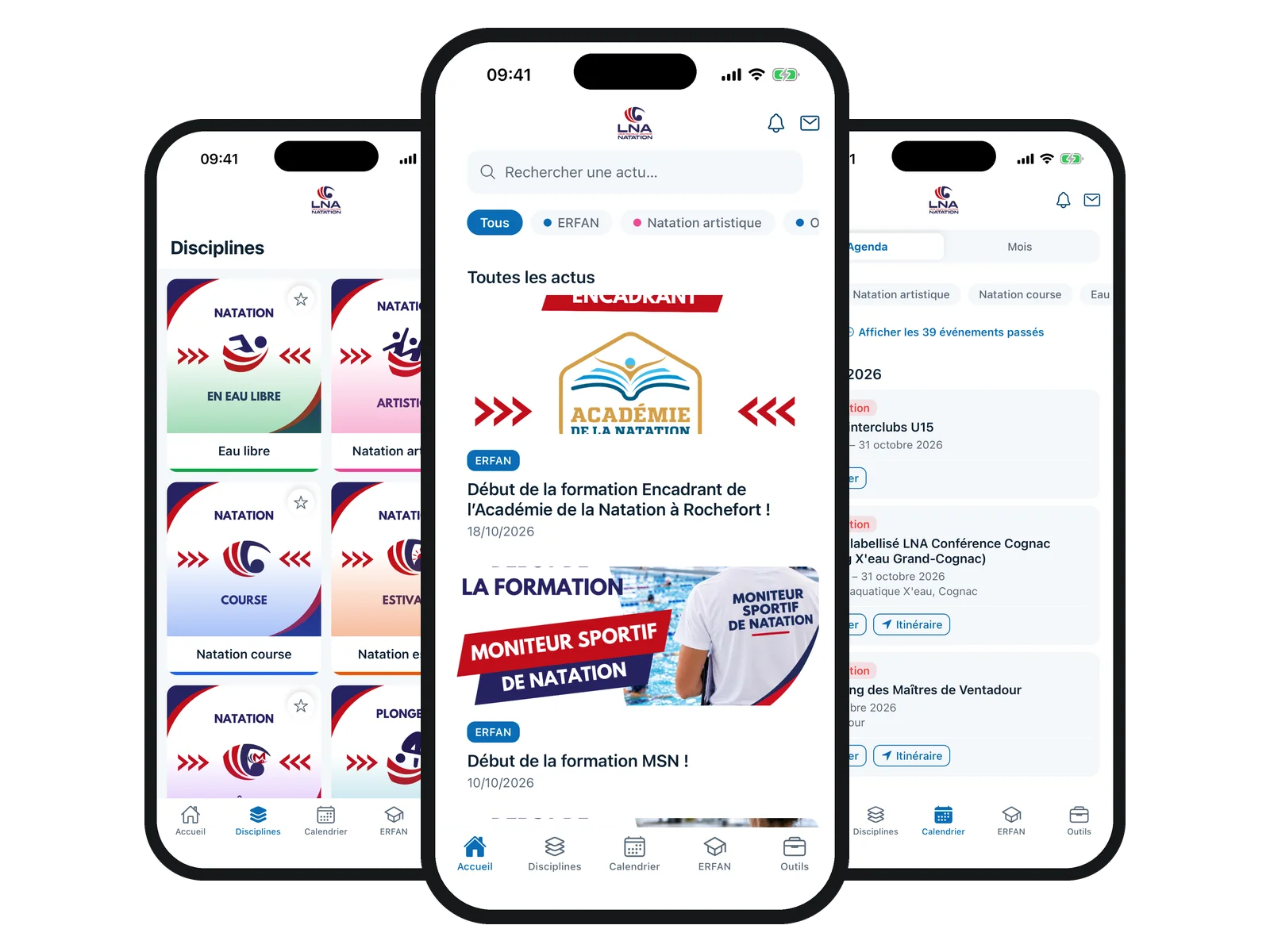 Trois écrans de l'app LNA Natation : disciplines, fil des actualités avec filtres par thème, et agenda des compétitions