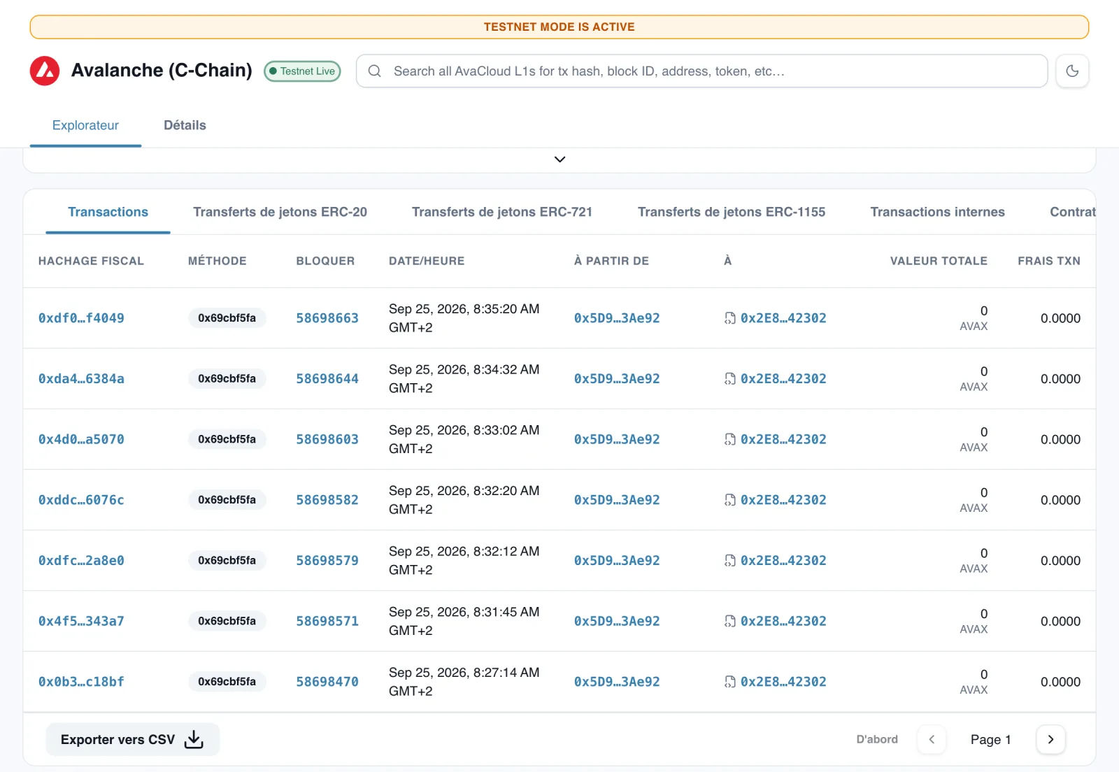 Transactions du contrat Grab&Surf sur l'explorateur Avalanche (C-Chain, testnet Fuji)