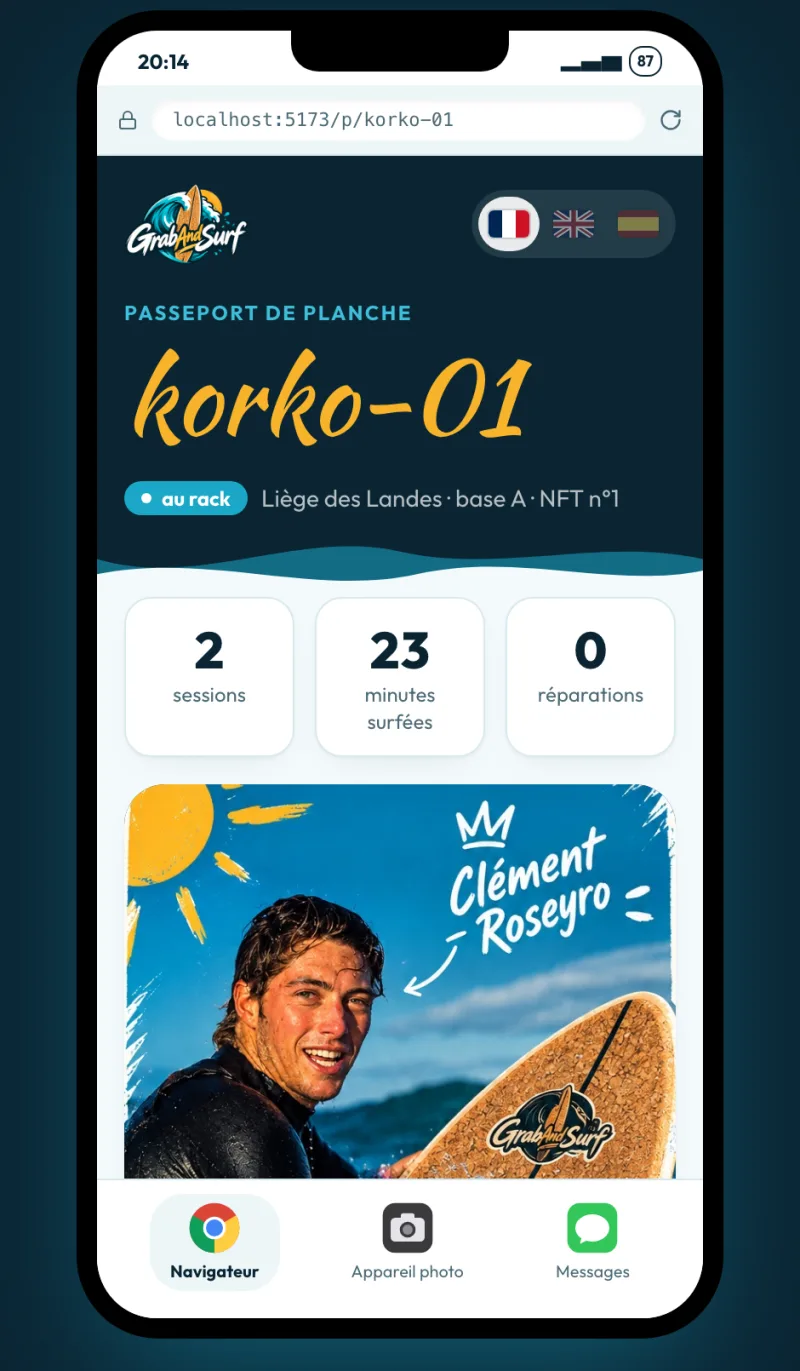 Passeport public de la planche korko-01 sur téléphone : sessions, minutes surfées, réparations et ambassadeur